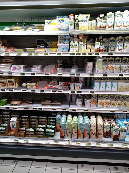 Tofu, vegan cheese, spreads, milk at Cora Lujerului in Bucharest