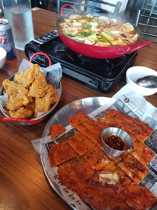 Vegan KFC, Dumpling hot pot and Kimchi pancake. at K-pub in Adelaide