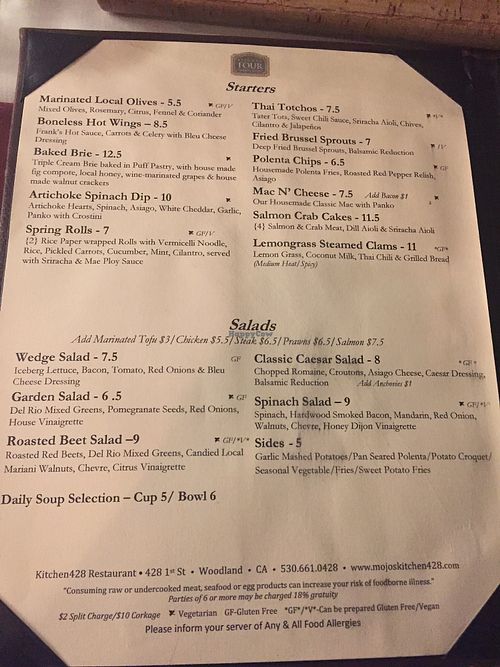 Gluten free and vegan labeled on menu  at Kitchen428 Restaurant and Mojo's Lounge in Woodland