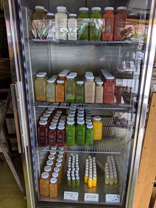 Juice fridge at The Organic Press in Toronto