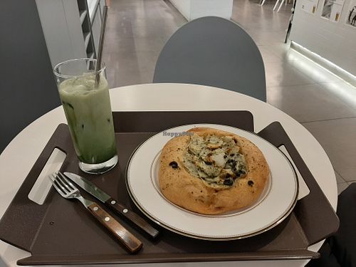 Matcha latte and potato cake at The Bread Blue - Seocho in Seoul