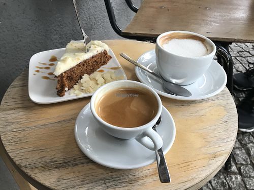 Carrot cake, espresso and flat white with oat milk  at Orange Coffee in Berlin