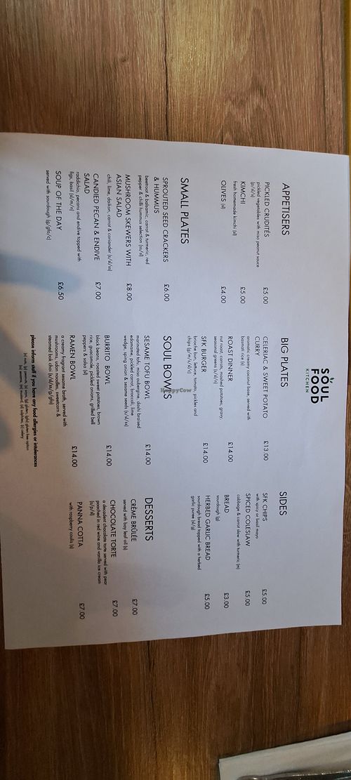 Menu (March 2024) at Soul Food Kitchen in Glasgow