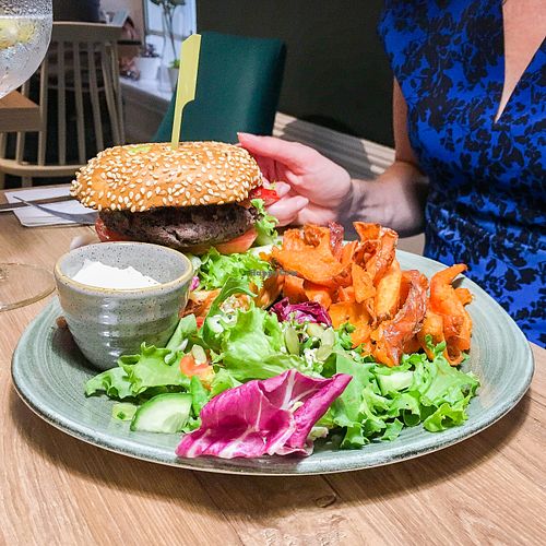 mexican burger with sweet potato fries at Soul Food Kitchen in Glasgow