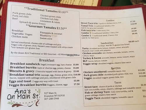 Menu at Ana's on Main St in Evanston
