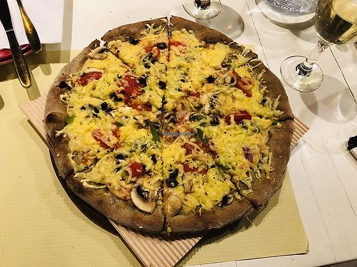 Olive pizza at Mystic Vegan in Athens