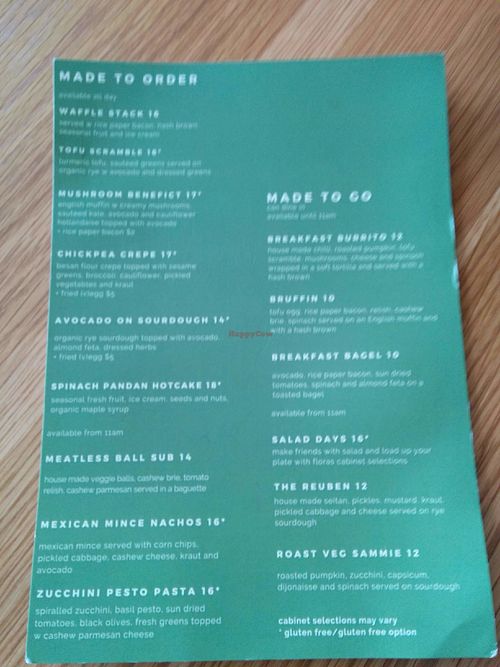 menu at Flora by Greenhouse Canteen in West End