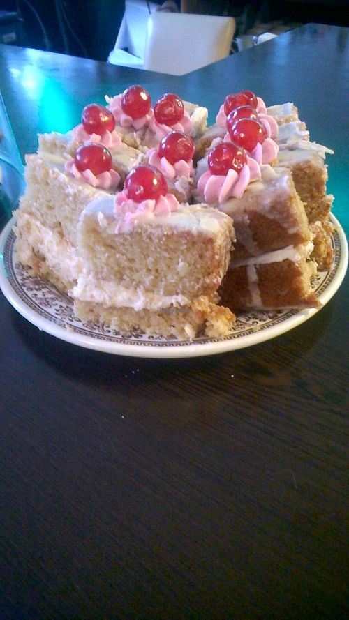 Cherry Bakewell cake at Karma Kitchen Cafe in Newcastle Upon Tyne