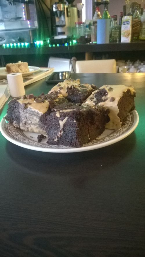 Salted caramel and chocolate cake (gf) at Karma Kitchen Cafe in Newcastle Upon Tyne