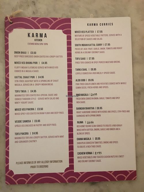 Menu April 2019 at Karma Kitchen Cafe in Newcastle Upon Tyne