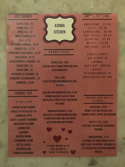 Drinks menu April 2019 at Karma Kitchen Cafe in Newcastle Upon Tyne