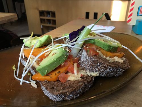 Roasted pumpkin on bread with NOT SO spicy hummus at Nieuw Rotterdams Café in Rotterdam