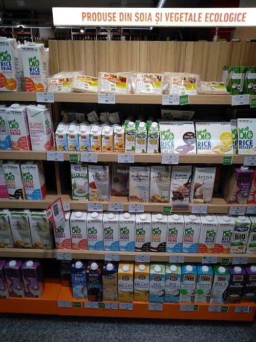 Vegan milk, tofu, cooking cream, dessert, horchata at Mega Image - General Gheorghe Magheru in Bucharest