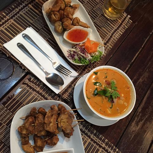 money bags, satay mushrooms and vegan tom yum soup at Taste from Heaven in Chiang Mai