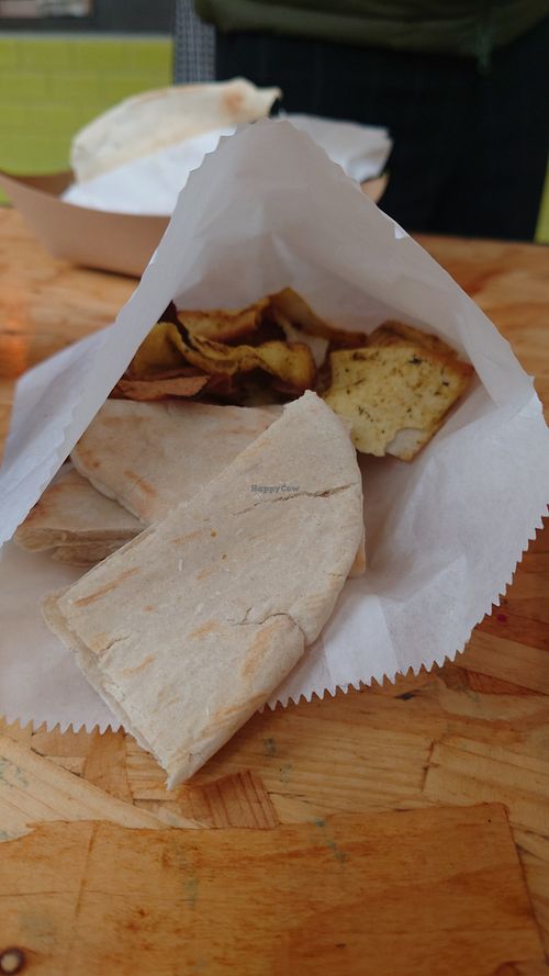 Breads that accompany vegan mezze at Falafel Corner in Cardiff