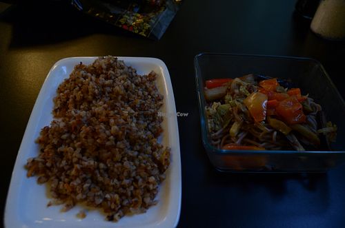 Buckwheat and Japanese noodle/vegetables dishes at Troitskiy Most - Liniya in St Petersburg