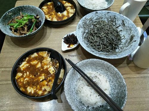 Mapo tofu, rice, black sesame noodles. at Shū in Shanghai
