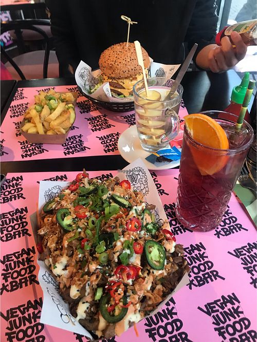 Burger, loaded fries and truffle fries  at Vegan Junk Food Bar - Downtown in Amsterdam