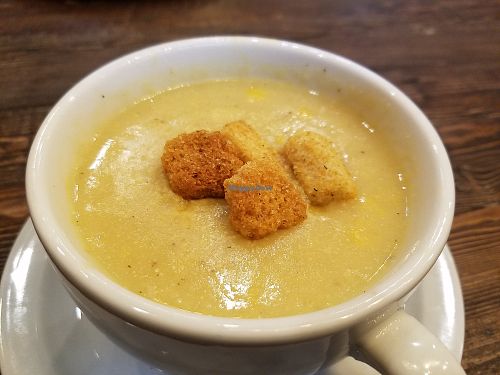 Small cup of corn soup at Julie Goes Green in Los Angeles