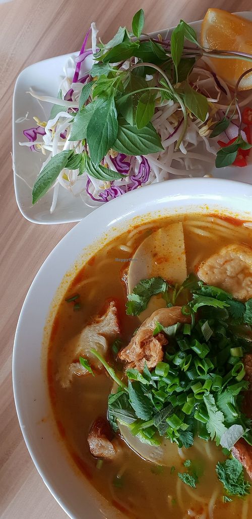 Hue rice noodle soup at Just Vegan in Sunshine