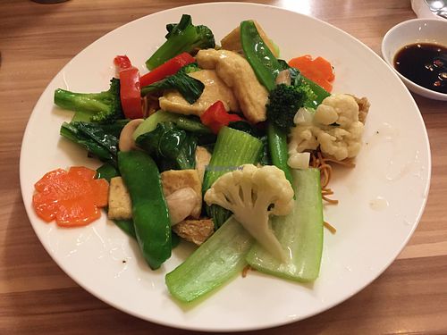Crispy noodles with stir fried vegetables and tofu  at Just Vegan in Sunshine
