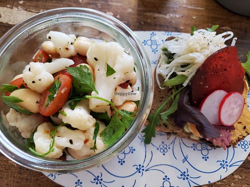 Cauliflower & Large Bean Salad
Hummus Avo Toast with Beets (note there is also some Beet looking second hummus on there) topped with a bit marinated cabbage
 at Marny's in Dusseldorf