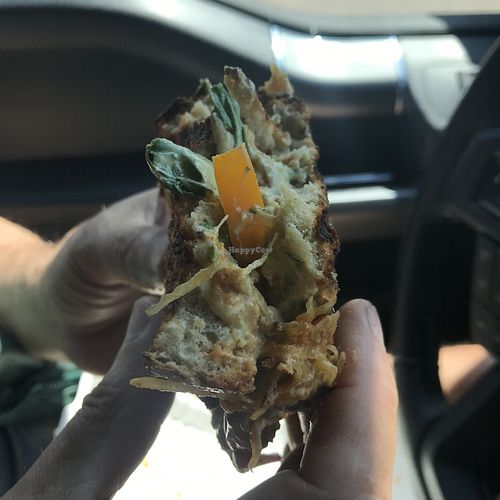 Inside the vegan panini with cashew cheeze at Down to Earth in Fort Nelson