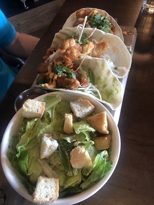 Cesar and fish tacos (vegan) at Beertown Public House in Cambridge