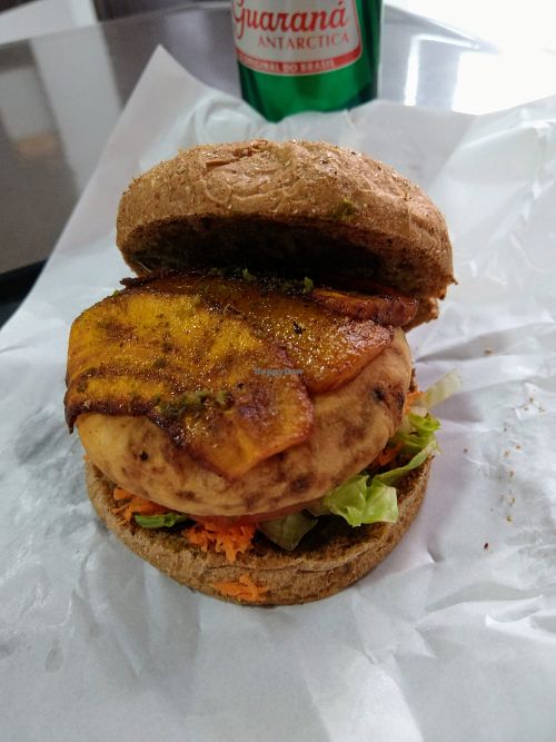 Veggie burger with carrot bacon at Burger Plus in Sao Paulo