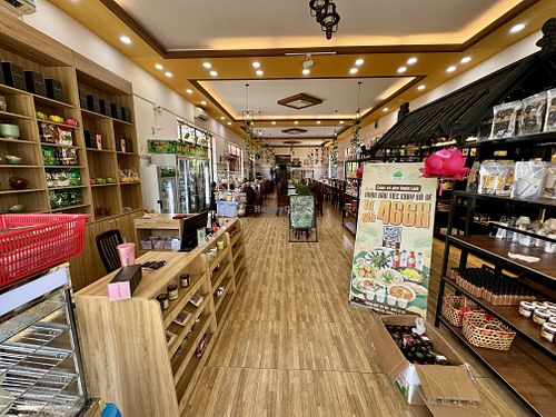 View inside the restaurant with the front section selling various vegan/vegetarian supplies  at Bo De Quan in My Tho