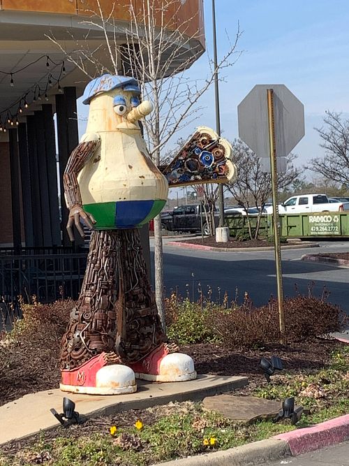 Mushroom statue in front of restaurant at Mellow Mushroom in Little Rock