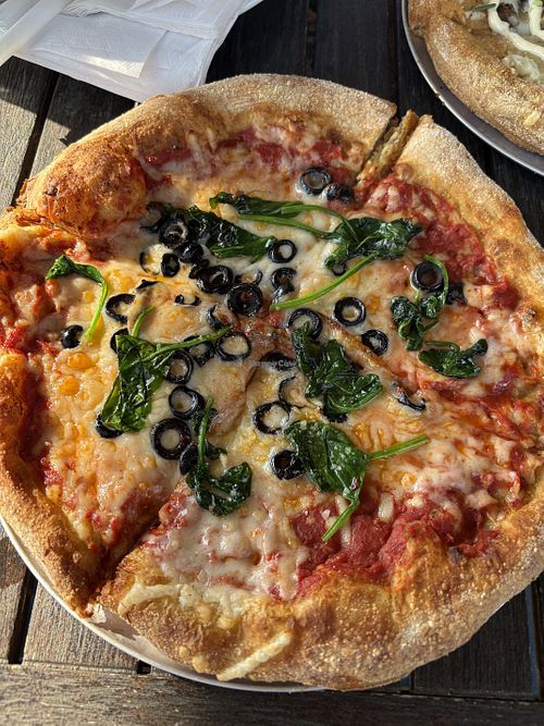 Pizza with vegan cheese, olives and spinachh  at Mellow Mushroom in Beaumont