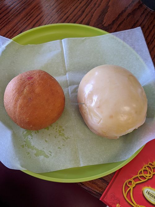 Brunch. Fantastic falafel kolache, with Boston creme filled glazed donut at Vegan Donut-Gelato in Houston