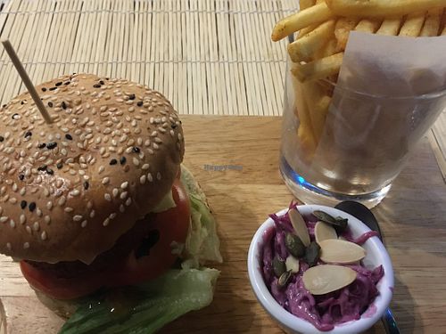 Umpteen protein burger, chips and pickles  at Moreish in Dubai