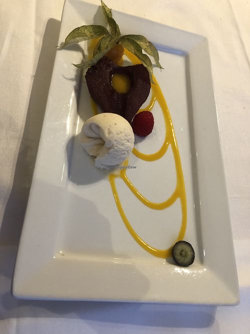 Poached pear and vegan vanilla ice cream at The Ambrette in Margate