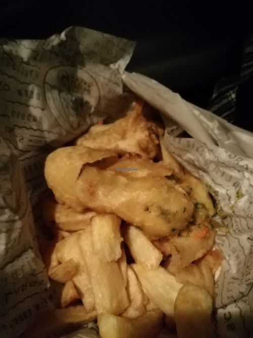 Deep fried veggie sausage and chips at Gino's Fryer  in Largs