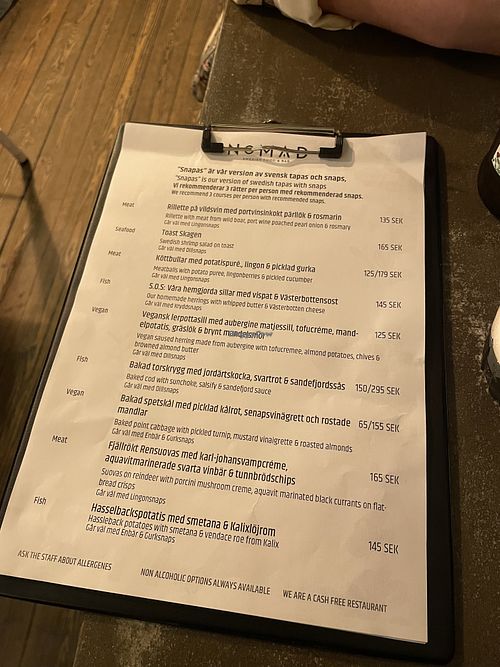 Menu with the 2 vegan options   at Nomad in Stockholm