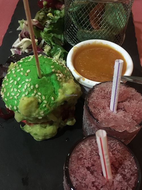 Small red bean burgers, sangria, salad, chutney, and chips at Taberna De Nino in Lanzarote