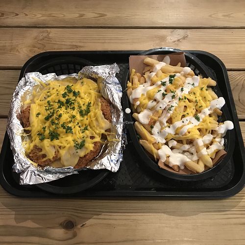 Fricken parmo and cheese & garlic fries at Junk It Up in Newcastle Upon Tyne