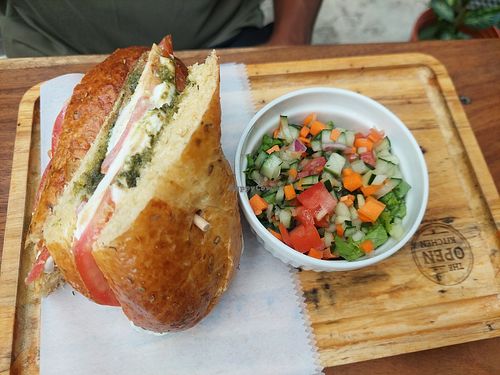 Vegetarian sandwich with arugula and salad at The Open Kitchen in Monteverde