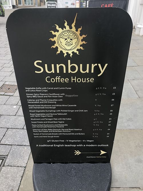 A picture of their sign showing a variety of vegetarian and vegan options at Sunbury Coffee House in Lancaster