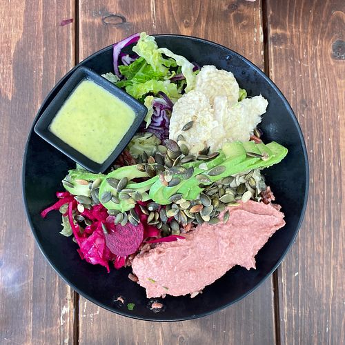 Hummus and beetroot sallad with tempeh at A.VO.KA.DO in Malmo
