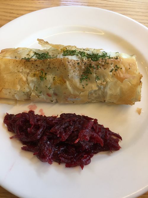 Fillon pastry with vegetables and beet salad at The Suter Cafe in Nelson