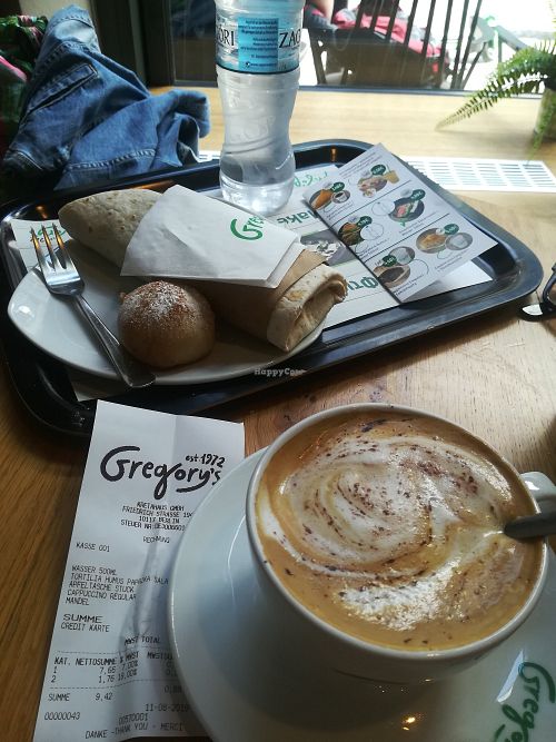 Veg cappuccino, a wrap and apple pie at Gregory's in Berlin