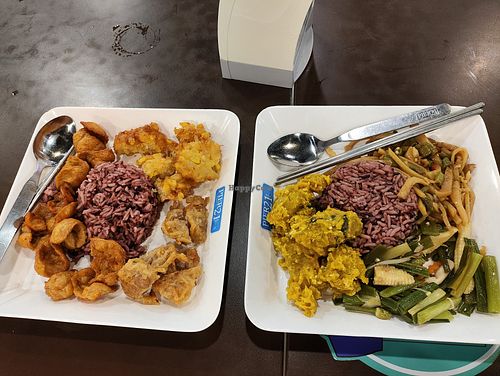 Rice with 3 side dish, each. We shared to taste all. These were: corn fritters, taro fritters, fried sweet and sour soy meat, curried pumpkin, stie fried king oyster mushrooms, sti at Terminal 21 - Pier 21 Food Court Stall in Pattaya