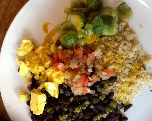 Exhilarating miso ginger scramble with steamed Brussels sprouts, black beans, quinoa & carmelized onions at Sun in Bloom in Brooklyn