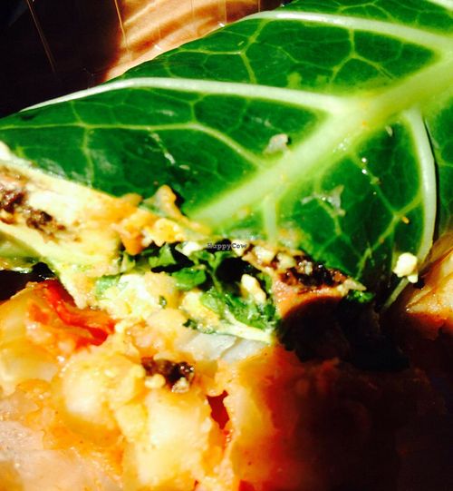 Shiitake Bacon BLT with avocado in collard wrap with potatoes  at Sun in Bloom in Brooklyn