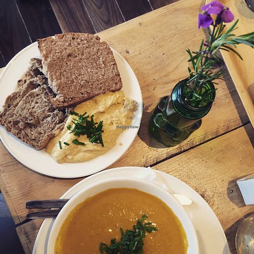 Humus & Bread (upper left) / Carrot soup  at The Happy Pear in Greystones