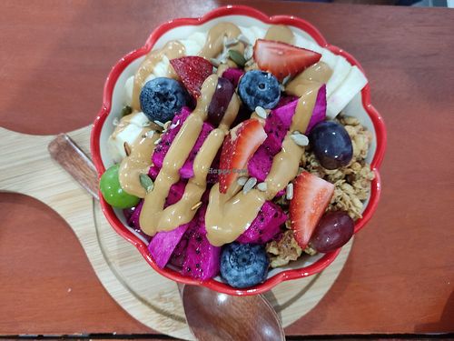 Purple pitaya smoothie bowl with added peanut butter at Every Fresh Bar in Penang