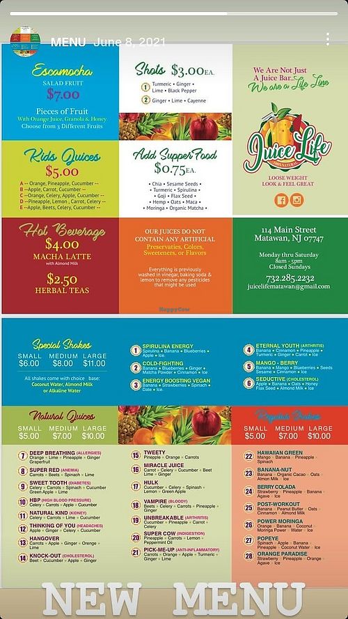 Menu at Juice Life in Matawan